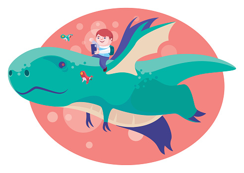 vector illustration of boy riding on flying dragon and looking at smartphone