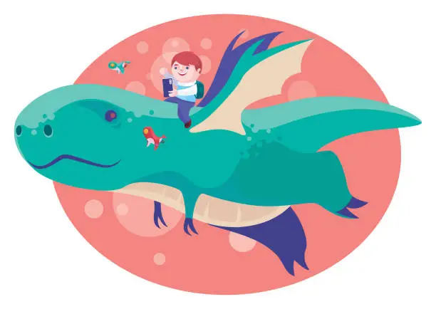 Vector illustration of boy riding on flying dragon and looking at smartphone