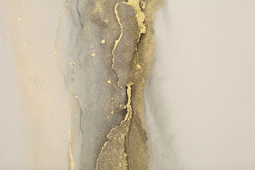 Art Abstract smoke watercolor painting blots horizontal background. Alcohol ink black and gold glitter colors. Marble texture.