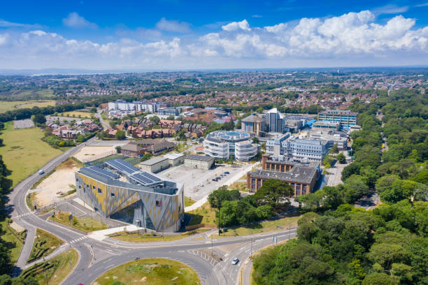 Aerial photo of the Bournemouth University, Talbot Campus buildings from above showing the Arts University Bournemouth, the Student Village, Fusion Building, Medical Centre stock photo