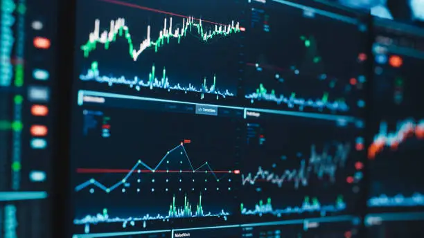 Close Up Shot of a Computer Monitor Screen with Real-Time Stocks, Commodities and Exchange Market Charts and Tickers on a Multi-Display Workstation in a Financial Business Office.