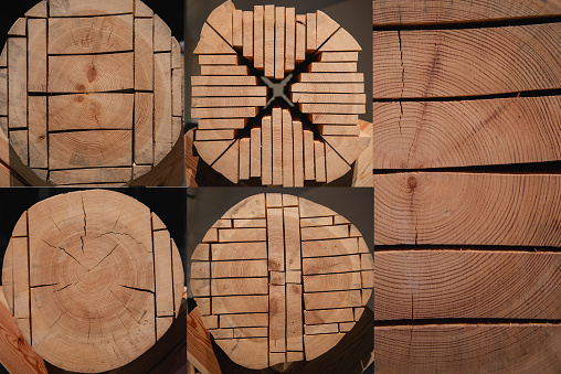 Different methods of log conversion. Board sawn from log. Illustrative material.