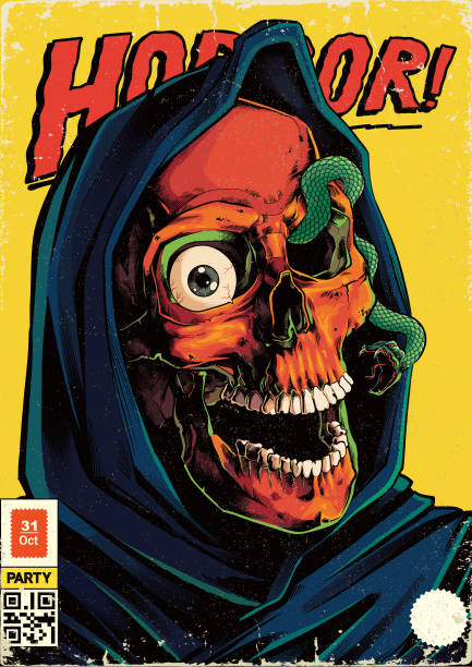 Vintage horror comic book illustration Retro styled image of creepy skull brochure cover illustrations stock illustrations
