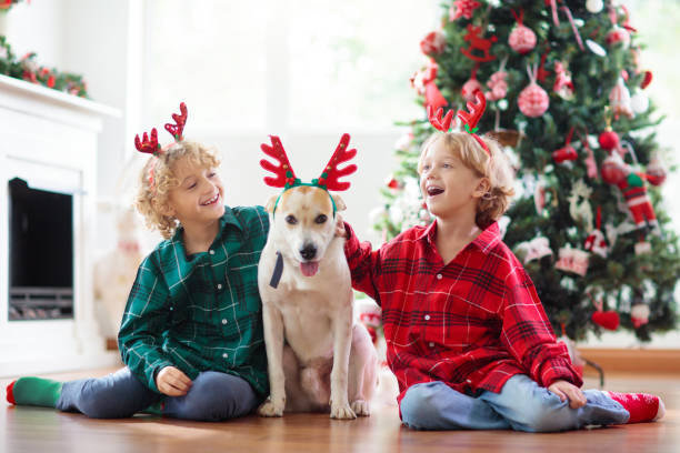 istock Christmas at home. Kids and dog under Xmas tree. 1358052197
