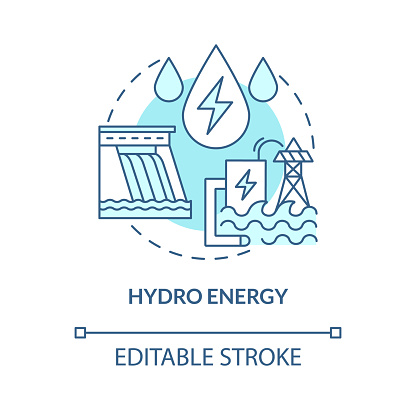 Hydro energy turquoise blue concept icon. Hydroelectric power station abstract idea thin line illustration. Isolated outline drawing. Editable stroke. Roboto-Medium, Myriad Pro-Bold fonts used