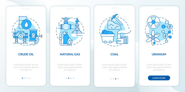 Nonrenewable energy sources onboarding mobile app page screen Nonrenewable energy sources onboarding mobile app page screen. Ecology walkthrough 4 steps graphic instructions with linear concepts. UI, UX, GUI template. Myriad Pro-Bold, Regular fonts used nonrenewable resources stock illustrations