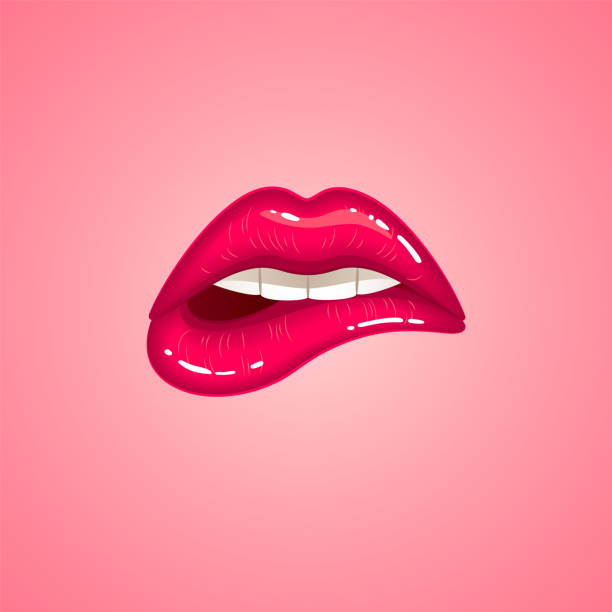 Sensuous lips, open mouth biting lip with lipstick Womans sensuous red pink lips, beautiful open mouth biting lip with lipstick, Illustration in the cartoon style kissing on the mouth stock illustrations