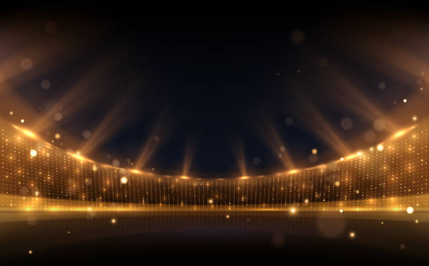 Golden stadium lights with rays Golden stadium lights with rays in vector stage performance space stock illustrations