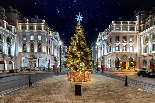 A beautiful lit up christmas tree in central London for the festive season during night time without people, England