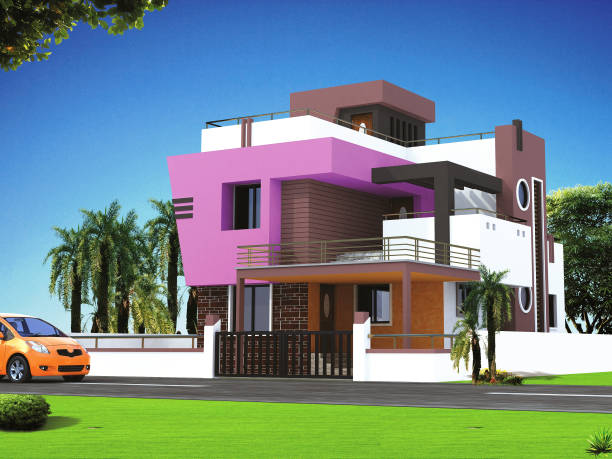 3d exterior architectural design of a modern building - house florida real estate mansion imagens e fotografias de stock