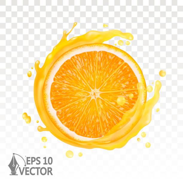 Orange slice, fresh juice splashing isolated on white background, 3d realistic, vector graphics Orange slice, fresh juice splashing isolated on white background, 3d realistic, vector icon juice bar stock illustrations