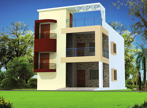 A 3D rendering of the exterior of a private house with modern architecture