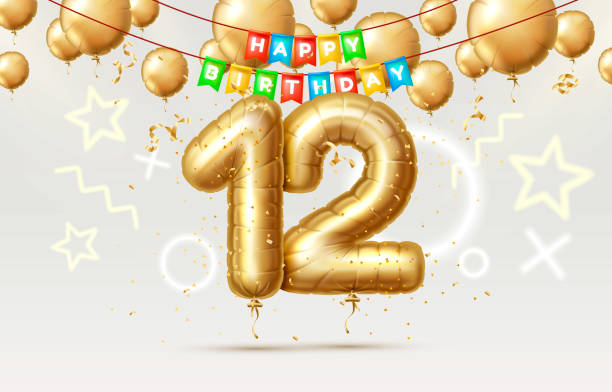 ilustrações de stock, clip art, desenhos animados e ícones de happy birthday 12 years anniversary of the person birthday, balloons in the form of numbers of the year. vector - circa 12th century