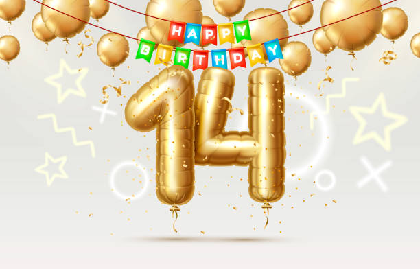 Happy Birthday 14 years anniversary of the person birthday, balloons in the form of numbers of the year. Vector Happy Birthday 14 years anniversary of the person birthday, balloons in the form of numbers of the year. Vector illustration circa 14th century stock illustrations