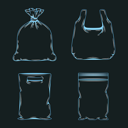 Set of blue illustrations with shadow from plastic bags, packaging. Isolated vector objects on a black background.