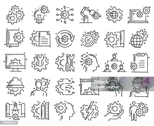 Engineering Related Figure Engineering Related Objects And Elements Hand Drawn Vector Doodle ...