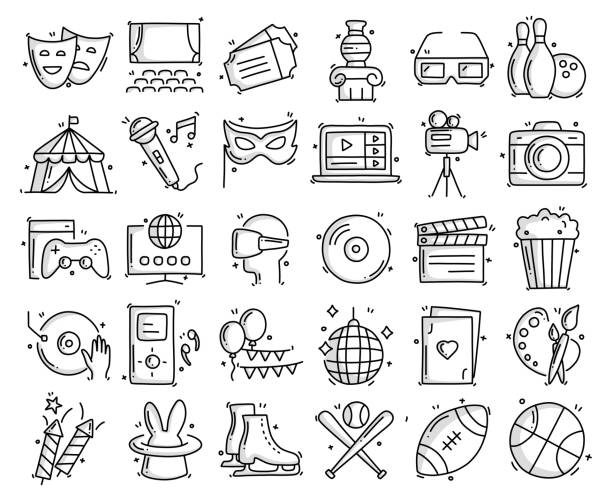 Entertainment and Hobbies Related Objects and Elements. Hand Drawn Vector Doodle Illustration Collection. Hand Drawn Icons Set. Entertainment and Hobbies Related Objects and Elements. Hand Drawn Vector Doodle Illustration Collection. Hand Drawn Icons Set. baseball party supplies stock illustrations