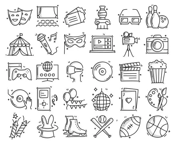 Vector illustration of Entertainment and Hobbies Related Objects and Elements. Hand Drawn Vector Doodle Illustration Collection. Hand Drawn Icons Set.