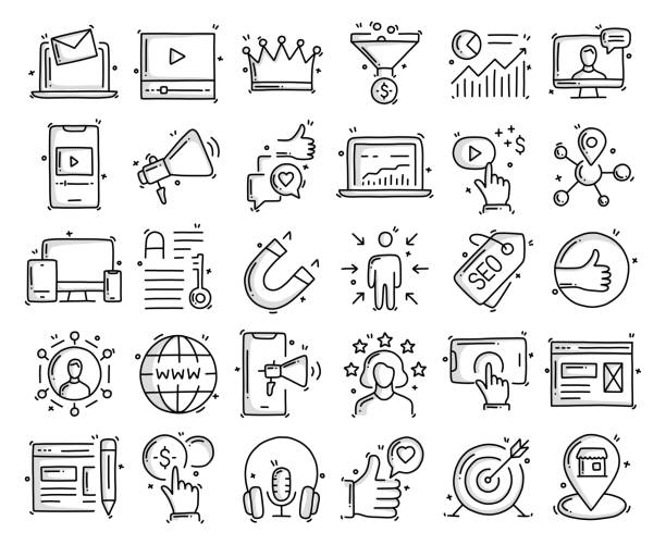 obiekty i elementy związane z marketingiem przychodzącym. ręcznie rysowana kolekcja ilustracji wektorowych doodle. zestaw ręcznie rysowanych ikon. - branding internet development the media stock illustrations