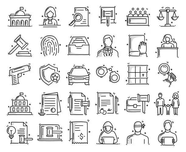 Vector illustration of Law and Justice Related Objects and Elements. Hand Drawn Vector Doodle Illustration Collection. Hand Drawn Icons Set.