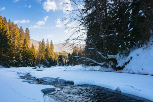 winter landscape with mountain river stock photo
