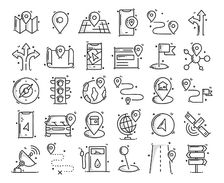 Map and Navigation Related Objects and Elements. Hand Drawn Vector Doodle Illustration Collection. Hand Drawn Icons Set.