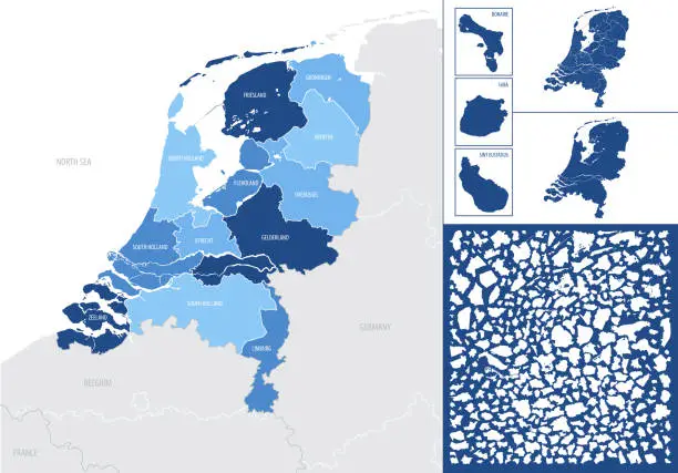 Vector illustration of Detailed blue map of Netherlands with administrative divisions into regions, vector illustration