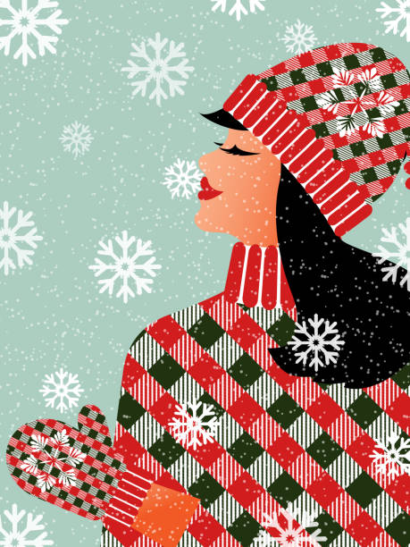 bildbanksillustrationer, clip art samt tecknat material och ikoner med a beautiful stylish woman in a warm hat, sweater and checkered mittens rejoices in snowflakes and winter holidays. modern card merry christmas and happy new year with blue background. - tomtekvinna