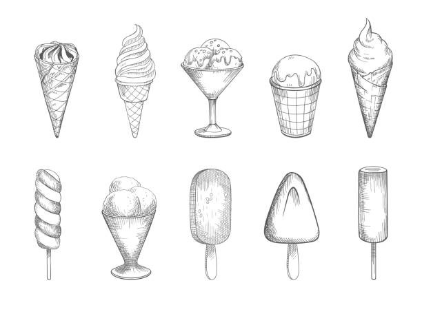 коллекция различного мороженого в стиле ретро - custard stock illustrations