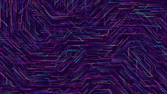 Abstract circuit board background with random colorful streaming neon lines. Artificial Intelligence or big data futuristic concept. Vector illustration