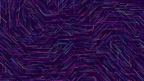 Abstract circuit board with colorful streaming neon lines Abstract circuit board background with random colorful streaming neon lines. Artificial Intelligence or big data futuristic concept. Vector illustration robotics stock illustrations