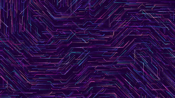 Vector illustration of Abstract circuit board with colorful streaming neon lines