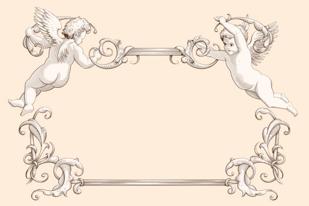 illustrazioni stock, clip art, cartoni animati e icone di tendenza di elegante cornice con amorini in stile antica incisione. elemento decorativo per matrimoni, san valentino e altre festività. - rococco