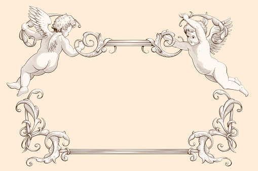 Elegant frame with cupids in old engraving style. Decorative element for weddings, Valentine`s day and other holidays.