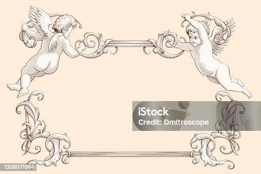 istock Elegant frame with cupids in old engraving style. Decorative element for weddings, Valentine`s day and other holidays. 1358071884