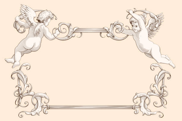Elegant frame with cupids in old engraving style. Decorative element for weddings, Valentine`s day and other holidays. Elegant vintage border frame with cupids for weddings, Valentine`s day and other holidays. Decorative element in the style of vintage engraving with Baroque ornament. Hand drawn vector illustration rococo stock illustrations