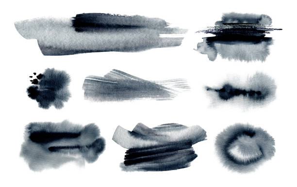 Abstract black and white smear watercolor blot.  Abstract painted background. Texture paper. Isolated. Collection.