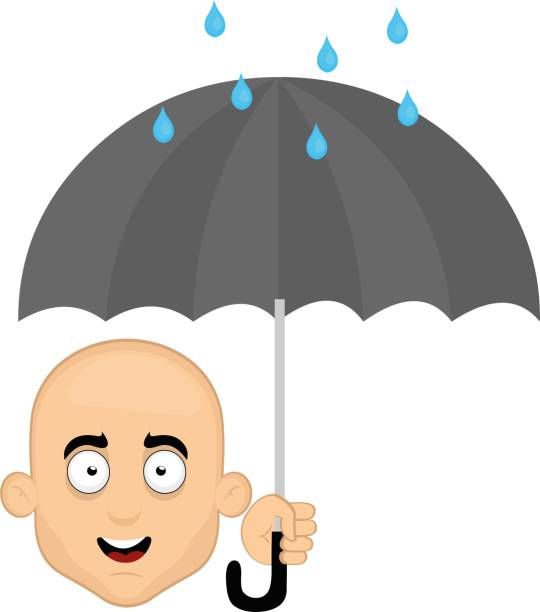 漫画のハゲマンの顔のベクトルイラスト、傘を手に、雨滴付き - bald head island点のイラスト素材／クリップアート素材／マンガ素材／アイコン素材
