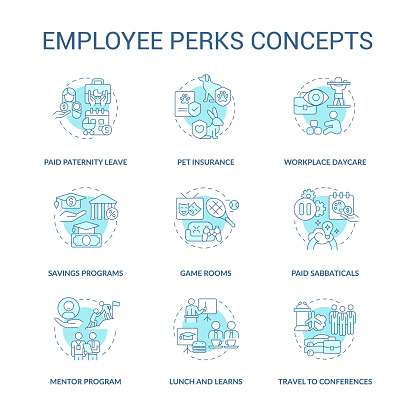 Employee non-wage benefits concept icons set. Job advantages. Staff bonuses idea thin line color illustrations. Isolated outline drawings. Editable stroke. Roboto-Medium, Myriad Pro-Bold fonts used