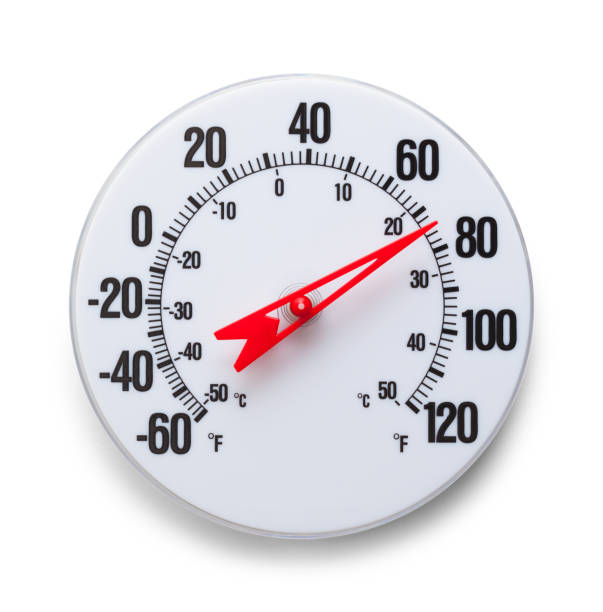 Outdoor Thermometer Round Outdoor Thermometer with Red Arrow Cut Out on White. fahrenheit stock pictures, royalty-free photos & images
