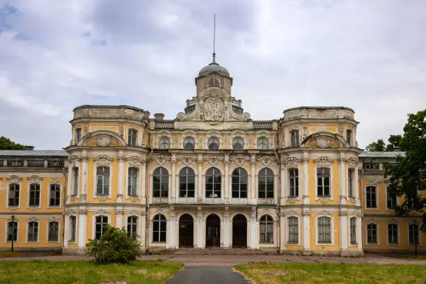 Abandoned deserted suburban imperial residence Znamenka estate of 18th century, suburb of St. Petersburg, Russia
