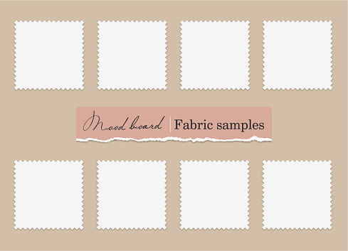 Fabric samples Mood Board. Textile swatches set on a beige background. 8 Fabric pieces for presentation and design. Trendy Mockup. Vector Blank Template. EPS10.