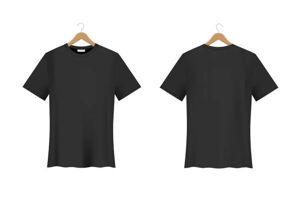 istock T-shirt Mockup hanging on a wooden hanger. Black color. Vector realistic template. Front and back view. Unisex collection. Blank fashion design. EPS10. 1358075843