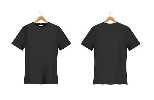 T-shirt Mockup hanging on a wooden hanger. Black color. Vector realistic template. Front and back view. Unisex collection. Blank fashion design. EPS10.