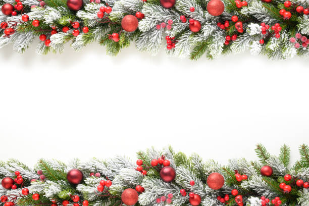 istock Christmas banner with red baubles on snowy evergreen branches. 1358076490