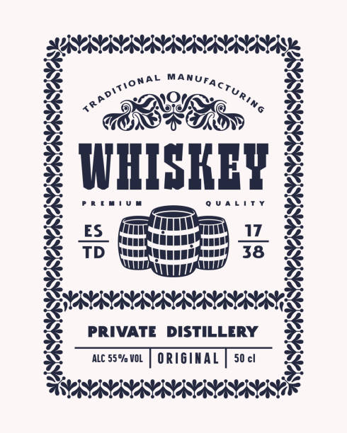 Template decorative label for whiskey Template decorative label for whiskey. Typography with floral ornament. Vector illustration bourbon barrel stock illustrations