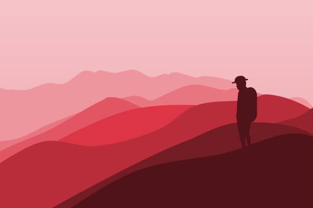 istock Vector illustration of a man standing on a mountain with a view of a beautiful mountain range. sunrise and sunset in the mountains. 1358078299