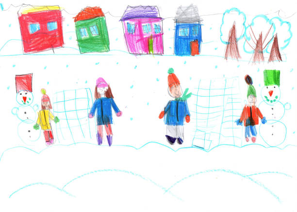 istock Child's drawing.Children play with snow outside christmas tree.Vacation, holiday, New year, Christmas 1358078568