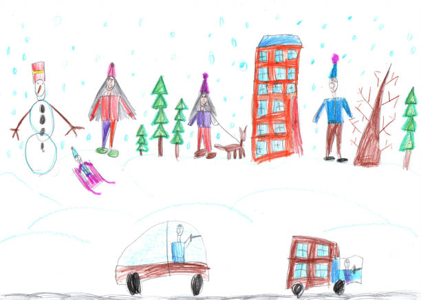 illustrations, cliparts, dessins animés et icônes de dessin d’enfant. les enfants jouent avec la neige à l’extérieur du sapin de noël. vacances, vacances, nouvel an, noël - pencil pine