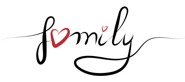 Family  calligraphic inscription with smooth lines and heart Family  calligraphic inscription with smooth lines and heart. Handwritten positive quote Vector lettering. family word stock illustrations
